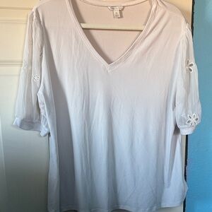 Cato White V-Neck Blouse with Floral Sleeves